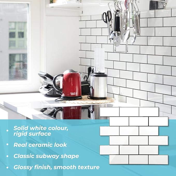 STICKGOO Peel and Stick Backsplash on Subway Tile, Glossy White | PVC, Self Adhesive Thick Kitchen Backsplash, Waterproof, Traceless Peel, Ideal for Vanities, Bathrooms