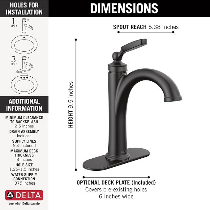 Delta Woodhurst Matte Black Bathroom Faucet 1 Hole, Single Hole Bathroom Sink Faucet for Vanity, Metal Push-Pop Drain Assembly, Matte Black 532-BLMPU-DST
