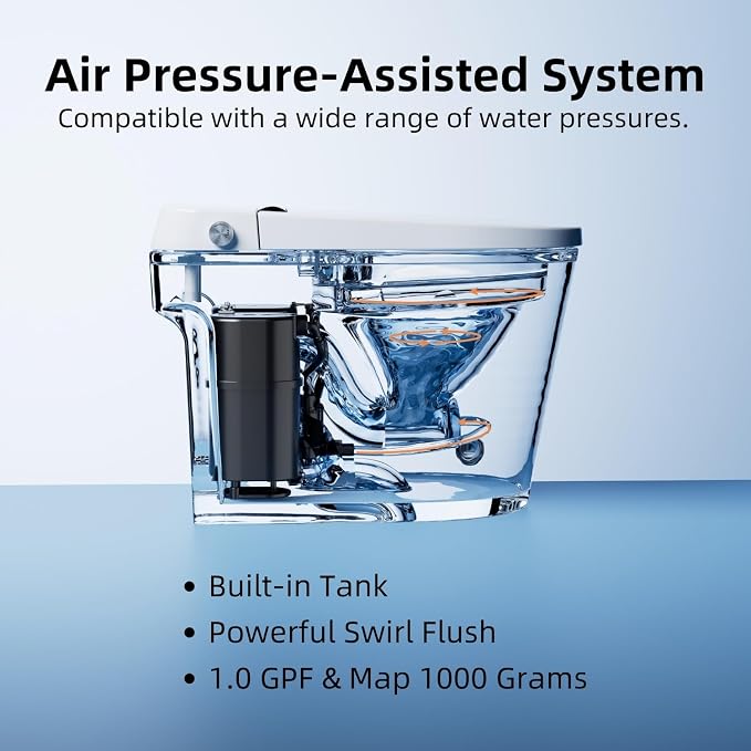 Non Electric Bidet Toilet, Los Flexi 17.3" ADA & Elongated Tankless One-Piece Toilet, 1000g Map & 1.0 GPF, Powerful Air Pressure Assisted System, Feminine and Rear Wash, Foot Kick Flush, 12" Rough-In