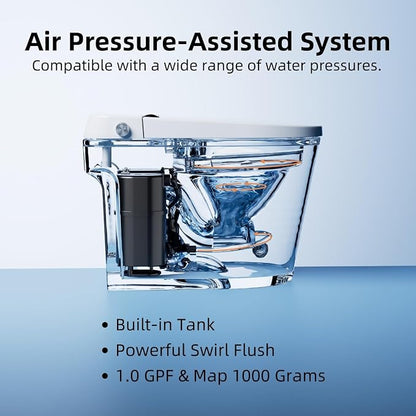 Non Electric Bidet Toilet, Los Flexi 17.3" ADA & Elongated Tankless One-Piece Toilet, 1000g Map & 1.0 GPF, Powerful Air Pressure Assisted System, Feminine and Rear Wash, Foot Kick Flush, 12" Rough-In