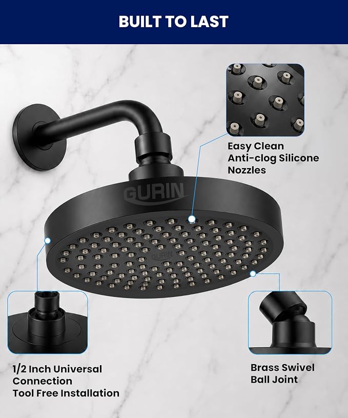 GURIN Shower Head - Luxury Matte Black Finish - Rain Showerhead 6 Inch | High Pressure Shower Heads with Adjustable Angles, 90 Anti-Clog Nozzles, Tool-Free 1-Min Install