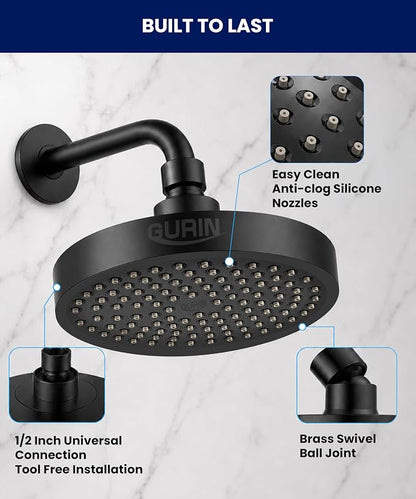 GURIN Shower Head - Luxury Matte Black Finish - Rain Showerhead 6 Inch | High Pressure Shower Heads with Adjustable Angles, 90 Anti-Clog Nozzles, Tool-Free 1-Min Install