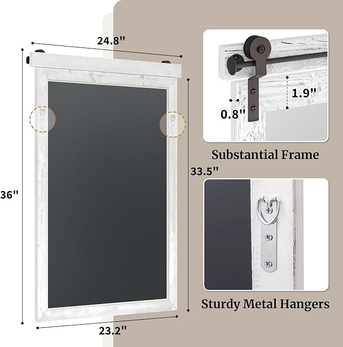 24"x36" Whitewashed Barn Door Vanity Mirror with Wood Header | 100% solid wood, HD tempered glass, bronze-tone iron rail; coastal farmhouse mirror for over sink, guest bath, entryway