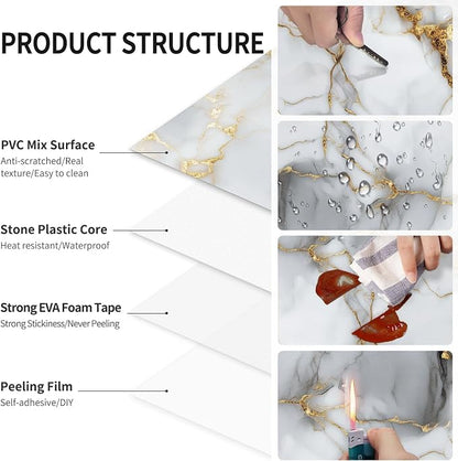 10 Sheets Marble Peel and Stick Backsplash Tile, 12"x12" Waterproof PVC Self Adhesive Tile Shower Wall Panels for Bathroom, Kitchen, Living Room (Metallic White)