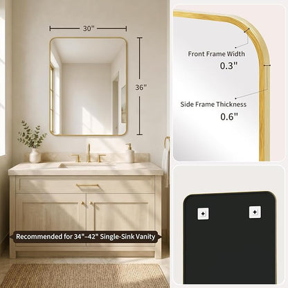 30x36 Inch Brushed Gold Rounded Rectangle Bathroom Vanity Mirror | For Over-Sink Bathrooms, Corrosion-Resistant Aluminum Frame, Slim Front Profile, Two-Way Mount, Protective Packaging