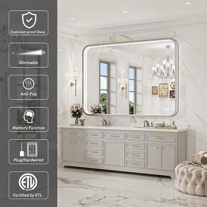 40x30 Inch LED Mirror for Bathroom,Brushed Silver Metal Frame | ETL Listed Anti-Fog,Dimmable,Horizontal & Vertical,Wall Mounted,Memory Function,Ideal for Bathroom,Vanity