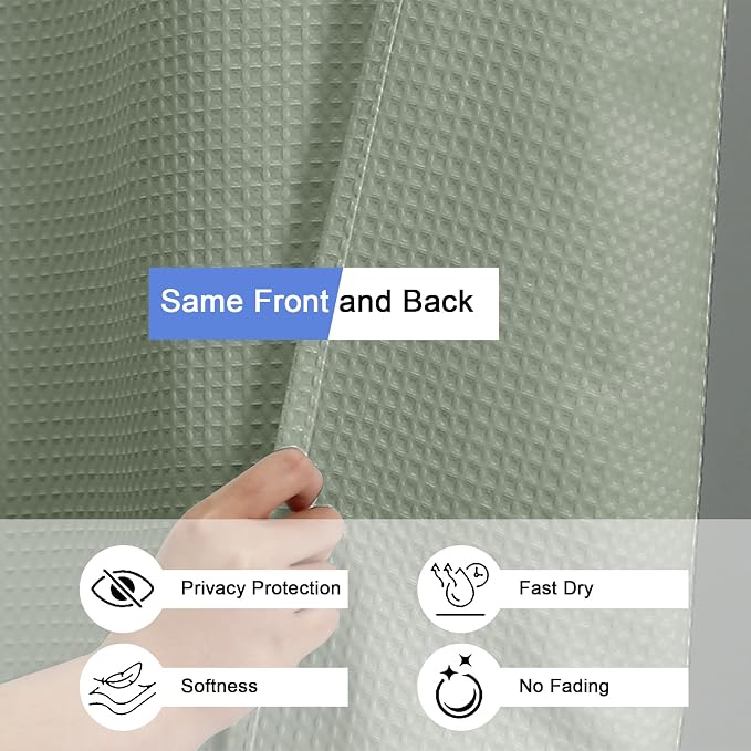 Long Fabric Shower Curtain Set, Waffle Textured Shower Curtain for Bathroom - Weight 230GSM Heavy Duty Hotel Spa Luxury Bath Curtain Set with 12 Plastic Hooks, 72x78, Sage Green