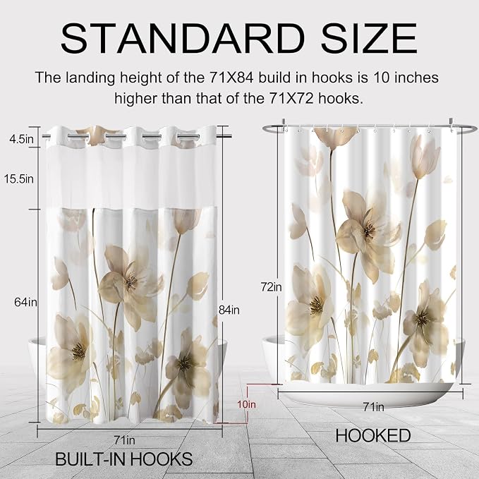 No Hook Shower Curtain and Liner Set, Yellow Boho Floral 71x84 | Watercolor Boho Flower, with Snap in Liner, Waterproof, Machine Washable, Quick-Drying, for Hotel Bathroom
