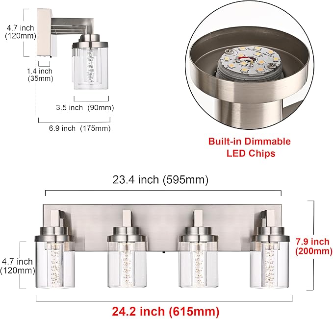 MELUCEE 4-Light LED Bathroom Lighting Fixtures Brushed Nickel 3000K-6000K | Dimmable LED Vanity Light for Bathroom 5CCT Bubble Crystal Bath Wall Lights with Clear Glass Shade, Built-In Led Chips