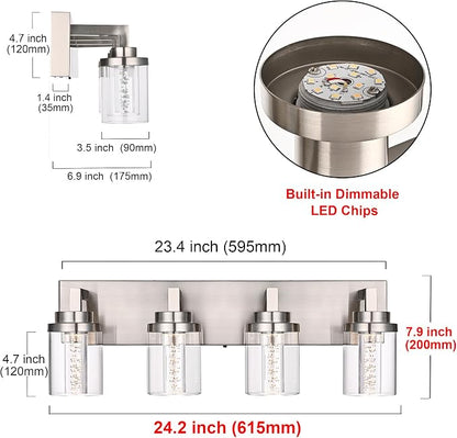 MELUCEE 4-Light LED Bathroom Lighting Fixtures Brushed Nickel 3000K-6000K | Dimmable LED Vanity Light for Bathroom 5CCT Bubble Crystal Bath Wall Lights with Clear Glass Shade, Built-In Led Chips