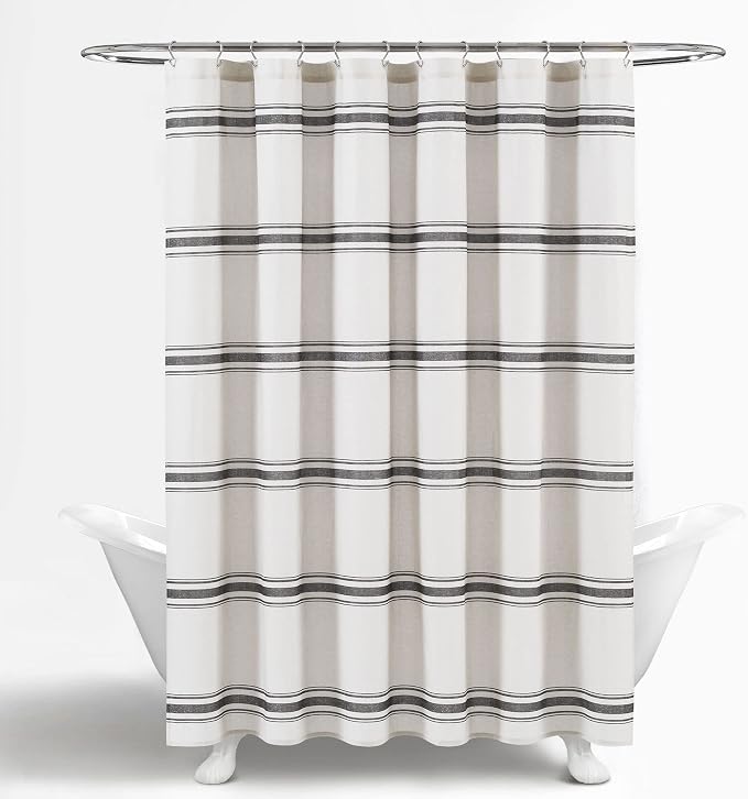 Lush Decor Farmhouse Stripe Cotton Shower Curtain, 72" W x 72" L, Black - Striped Bathroom Curtain - Fabric Shower Curtains - Farmhouse Bathroom Decor