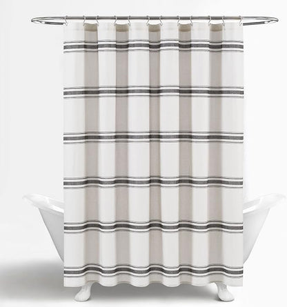 Lush Decor Farmhouse Stripe Cotton Shower Curtain, 72" W x 72" L, Black - Striped Bathroom Curtain - Fabric Shower Curtains - Farmhouse Bathroom Decor