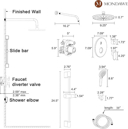 MONDAWE 9 Inch Wall Mounted Shower Faucet Set in Brushed Nickel, Rainfall Shower Head with 3-Setting Handheld Spray Shower Set Combo, High Pressure Shower System with Solid Brass Valve