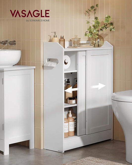 VASAGLE Narrow Storage Cabinet, Slim Floor Cabinet with Sliding Doors, Toilet Paper Holder and Brush Compartment, for Bathroom and Living Room, 7.9 x 23.6 x 31.5 Inches, Cloud White UBBC752W01