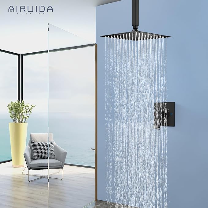 Airuida 10 Inch Matte Black Shower Faucet Set,Rainfall Shower System | Ceiling Shower Head,Male Thread Rough-in Valve,Ceiling Mount,Single Handle