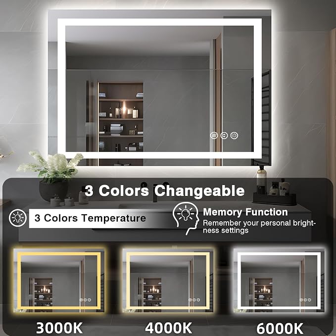 EchosLife 44"x32" Bathroom Mirror with LED Lights | Backlit + Front Lit, Anti-Fog, Stepless Dimmable, 3 Colors, Memory, Tempered Glass, UL Listed, Horizontal/Vertical