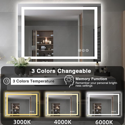 EchosLife 44"x32" Bathroom Mirror with LED Lights | Backlit + Front Lit, Anti-Fog, Stepless Dimmable, 3 Colors, Memory, Tempered Glass, UL Listed, Horizontal/Vertical