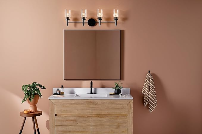 Kichler Madden 4-Light Vanity with Clear Glass in Black, Sloped Ceiling Compatible, for Single or Double Vanity in Bathroom (10.5" x 34"), 55186BK
