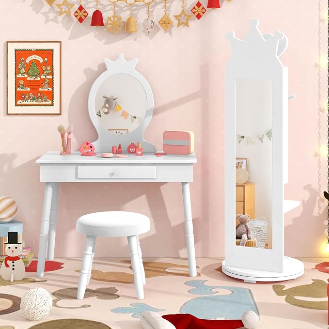 HONEY JOY Kids Jewelry Armoire Cabinet, 360 Degree Swivel Base Wooden Standing Jewelry Organizer w/Full-length Mirror and Clothes Rack, Children Dress Up Jewelry Cabinet for Little Girls (White)
