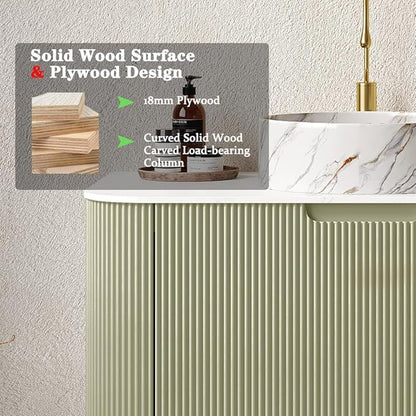 24'' Bathroom Vanities Cabinet with Sink Combo, Wall Mounted Floating Cabinet W/Curved Edges Stripes, Oak Plywood, Soft-close System with a Drawer, White Round Ceramic Basin - Kiel, Light Green/S
