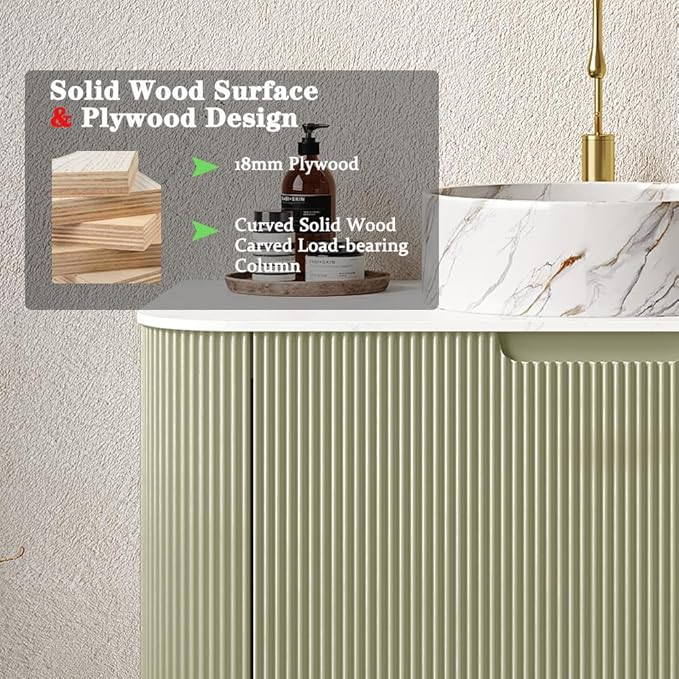 36'' Bathroom Vanities Cabinet with Sink Combo, Wall Mounted Floating Cabinet W/Curved Edges Stripes, Oak Plywood, Soft-close System with a Drawer, White Round Ceramic Basin - Kiel, Light Green/S