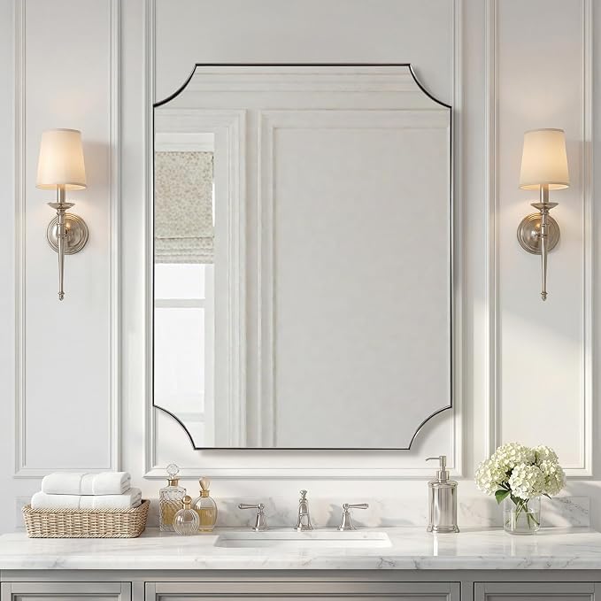 30"x36" Brushed Nickel Vanity Mirror, Scalloped Bathroom Mirror, Silver Rectangle Mirror in Anti-Rust Stainless Steel Metal Thin Frame, Wall-Mounted Mirror (Horizontal/Vertical)