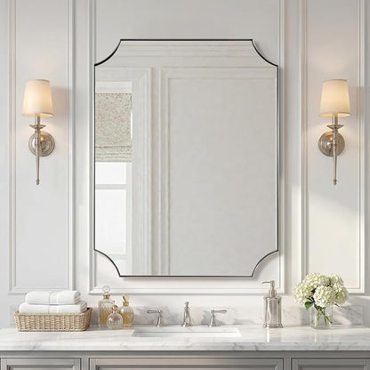 Brushed Nickel Mirror 28"x36", Scalloped Bathroom Mirror, Modern Silver Framed Mirror in Anti-Rust Stainless Steel Metal Thin Frame Deep 1", Wall Mount Vertical or Horizontal