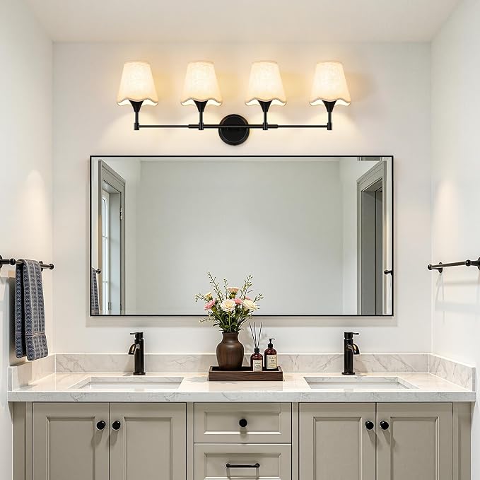 Modern Bathroom Vanity Light Fixtures: Matte Black Vanity Lights Over Mirror with Flared Fabric Shade, Farmhouse Bathroom Lighting Fixtures, 4 Light Wall Sconces Lights for Bedroom Hallway Living Room