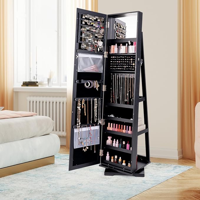 LOKO 360° Rotating Jewelry Armoire, Freestanding Jewelry Cabinet with Inside Makeup Mirror, 2-in-1 Lockable Jewelry Organizer w/Full-Length Mirror for Girls Women (Black)