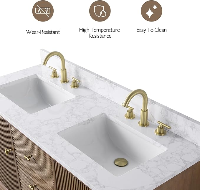 Vanity Art 54" Bathroom Vanity with Double Sink & Arabescato White Engineered Stone Top, Vanity Cabinet with Soft Closing Door, Solid Wood Frame, Golden Brushed Handles, Walnut VA8154D-Walnut-GB