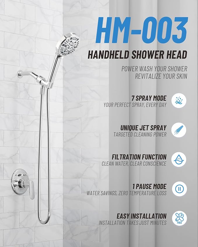 Filtered Handheld Shower Head for Hard Water, High Pressure Showerhead with 7 Spray Modes, Power Jet & Pause, Detachable & Adjustable for Healthier Skin & Hair - Chrome(VMASSTONE HM-003)
