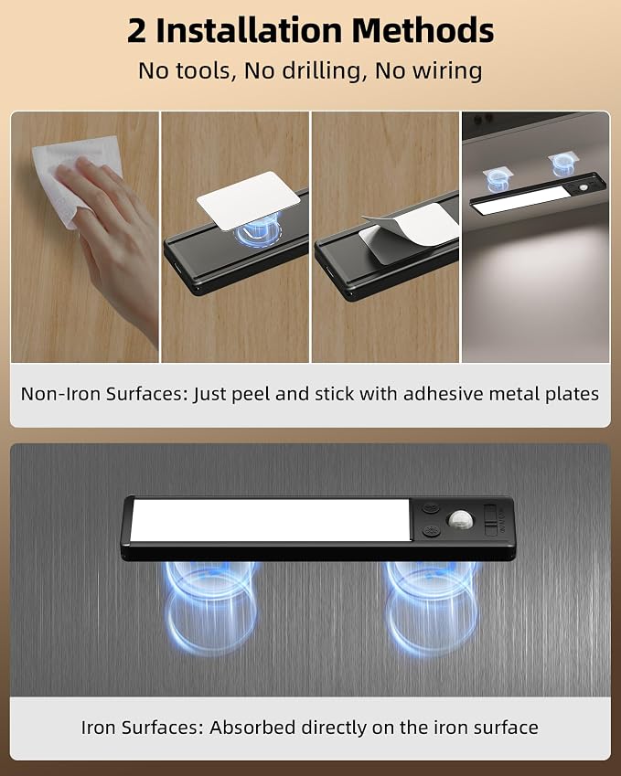 EZVALO 8" Under Cabinet Lighting, 2400mAh USB-C Rechargeable Motion Sensor Light, 3 Color Temps, 5-Level Dimmable Magnetic Wireless Closet Lights for Kitchen, Pantry, Stairs (2 Pack)