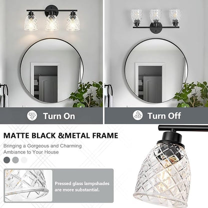 3-Light Vanity Light Over Mirror, Black Bathroom Light Fixtures | Modern Farmhouse Wall Lamp with Hammered Glass Lampshade for Kitchen Hallway Bedroom Living Room Cabinet Porch-18.1IN