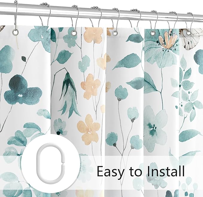Small Stall Shower Curtain 36 x 72 Inch, Half Narrow Teal Floral Shower Curtains for Bathroom, Turquoise Watercolor Flower Butterfly Fabric Shower Curtain Set with Hooks