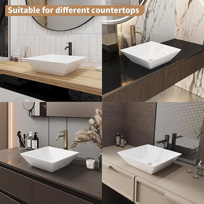 16"X16" Bathroom Vessel Sink Square Above Counter Rectangular White Porcelain Ceramic Modern Vanity Sink Rectangle Art Basin