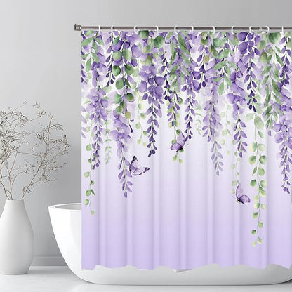 Purple Flower Shower Curtain, Lavender Vines Butterfly Shower Curtains for Bathroom, Farmhouse Bathtub Curtain Set, Lilac Floral Fabric Shower Curtains with 12 Hooks, 72X72 Inches