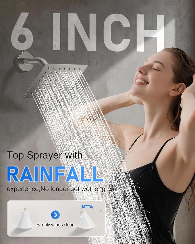 Woindo 4 Function Shower Faucet Set 12" Rain Shower Head/6'' Side Shower Head and 3 Setting Handheld Ceiling Mount Push Button Diverter Complete Rainfall Round Shower System Included Valve Trim Kit