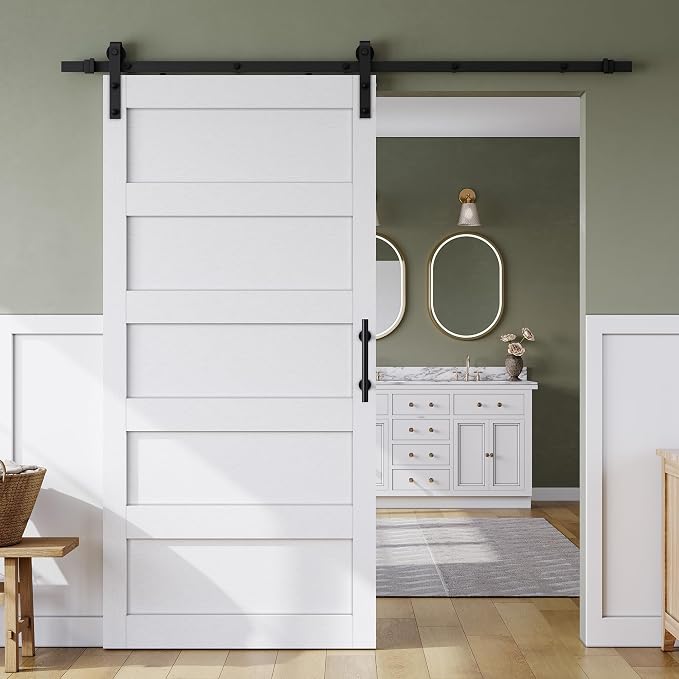 SMARTSTANDARD 42in x 80in Sliding Barn Door with 7FT Hardware Track Kit | Waterproof PVC Surface, Pre-Drilled Holes Easy to Assemble, Solid, MDF, White, 5-Panel