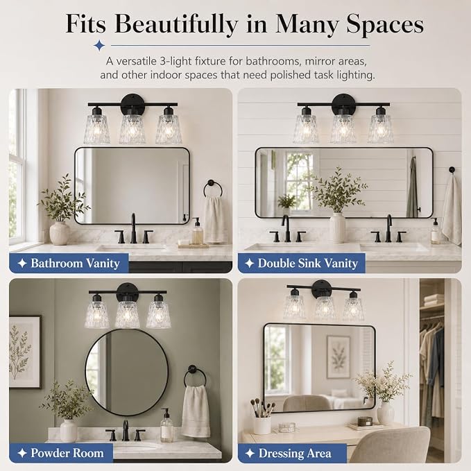 3-Light Black Bathroom Vanity Light Over Mirror, Modern Wall-Mounted Fixture with Textured Glass Shades and Stainless Steel Construction, E26 Sockets (Bulbs Not Included)