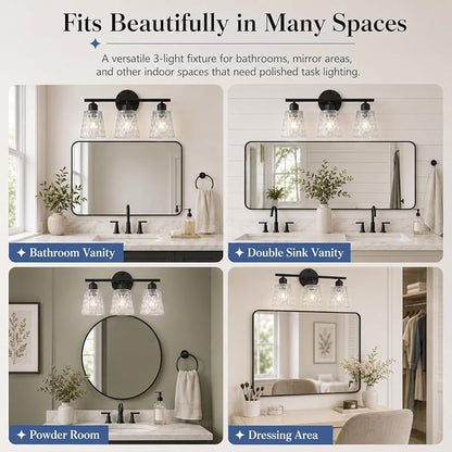 3-Light Black Bathroom Vanity Light Over Mirror, Modern Wall-Mounted Fixture with Textured Glass Shades and Stainless Steel Construction, E26 Sockets (Bulbs Not Included)