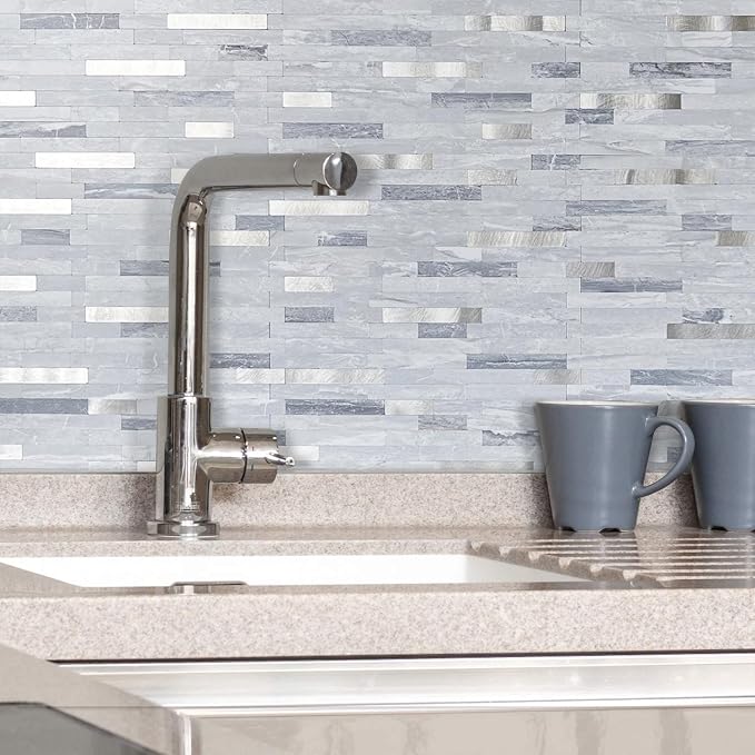 AULIGET 20 Sheets Faux Stone Peel and Stick Backsplash, Light Grey Marble Look PVC Mixed Metal Wall Tiles Stick on Backsplash for Kitchen