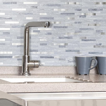 AULIGET 20 Sheets Faux Stone Peel and Stick Backsplash, Light Grey Marble Look PVC Mixed Metal Wall Tiles Stick on Backsplash for Kitchen
