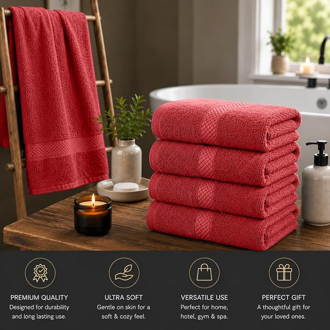 DAN RIVER 600 GSM Cotton Large Bath Towels Set of 4, 27 x 54 Inches, Red | Larger & Lighter Weight Towels for Bathroom - Highly Absorbent & Quick Dry 100% Cotton Bath Towel Set for Home, Spa & Hotel