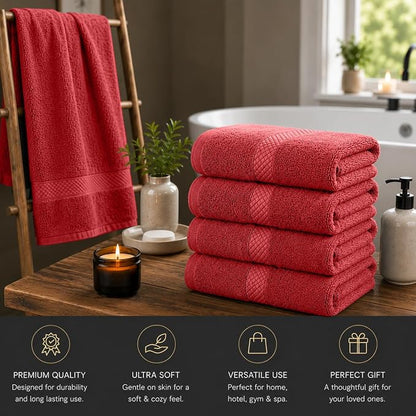 DAN RIVER 600 GSM Cotton Large Bath Towels Set of 4, 27 x 54 Inches, Red | Larger & Lighter Weight Towels for Bathroom - Highly Absorbent & Quick Dry 100% Cotton Bath Towel Set for Home, Spa & Hotel