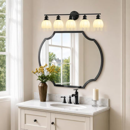 Bathroom Light Fixtures, 5-Light Brushed Black Vanity Lights for Bathroom with White Tulip Glass Shade, 30" Vintage Bathroom Vanity Lighting Fixtures Over Mirror for Bedroom Living Room Hallway