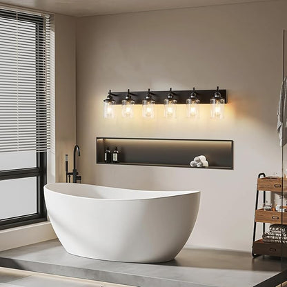 6-Light Black Bathroom Light Fixture Over Mirror Modern Farmhouse Bathroom Vanity Light Vintage Wall Lighting with Clear Glass Shade for Bathroom, Bedroom, Hallway, Cabinet