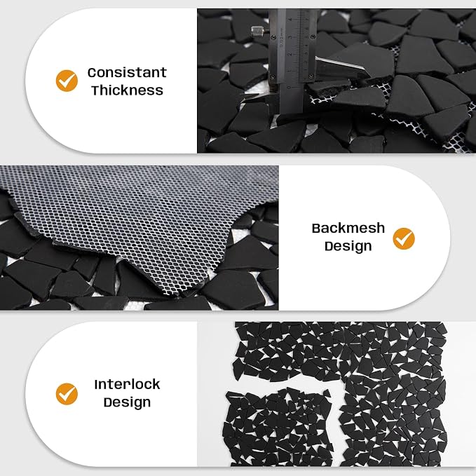 Pebble Tile for Shower Floor, Black Geometric Pebble Mosaic Backsplash for Kitchen Bathroom Wall and Floor Tile and Outdoor Areas, 5 Sheets