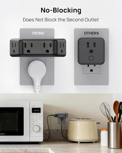 TROND Black Outlet Extender Surge Protector 2 Pack, Multi Plug Wall Outlet | 4 Grounded Sockets, Angled Wall Plug Splitter, Space-Saving, 900J, Multiple Adapter for Home Office Travel Dorm Room