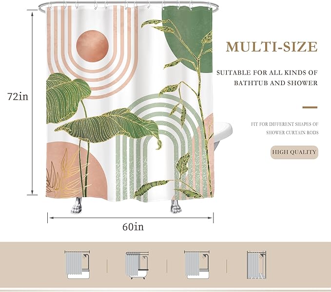 Glawry Pink and Green Boho Shower Curtain Abstract Mid Century Palm Tree Leaves Bathroom Minimalist Tropical Modern 60Wx72L Inches Bath Accessories Art Home Decor Fabric 12 Pack Hook