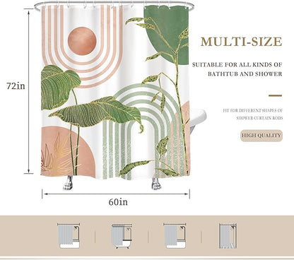 Glawry Pink and Green Boho Shower Curtain Abstract Mid Century Palm Tree Leaves Bathroom Minimalist Tropical Modern 60Wx72L Inches Bath Accessories Art Home Decor Fabric 12 Pack Hook